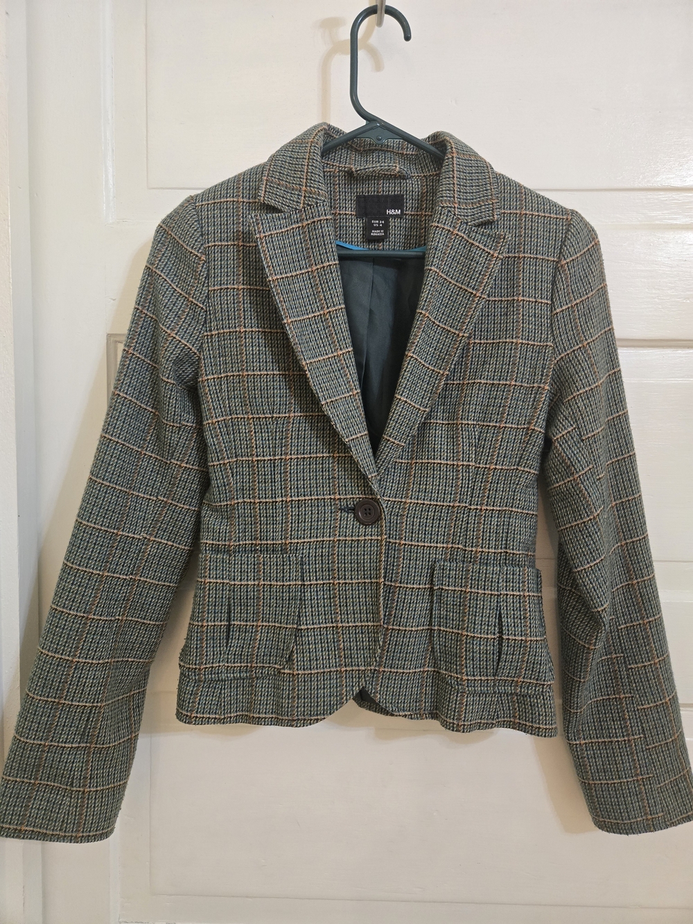 H&M Women's Plaid Single-Button Blazer - Green/Tan